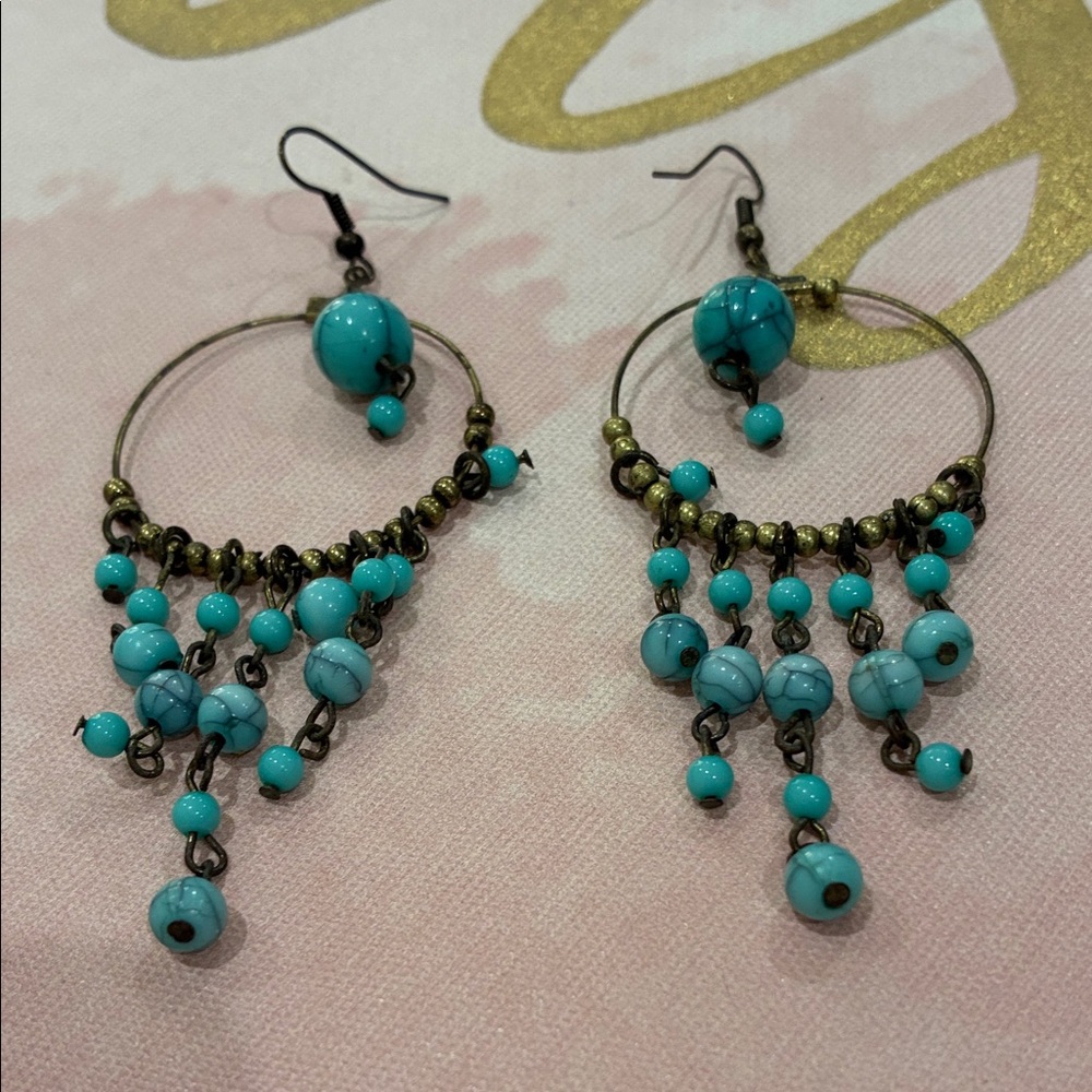 Turquoise Beaded Gold To Copper Tone Pierce Hoop Drop Earrings